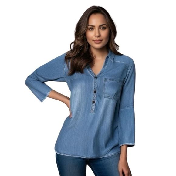 Women Shirt MASSINI Denim Mid Wash Jeans Top Long Sleeve Half Button Front Shirt - Picture 2 of 8